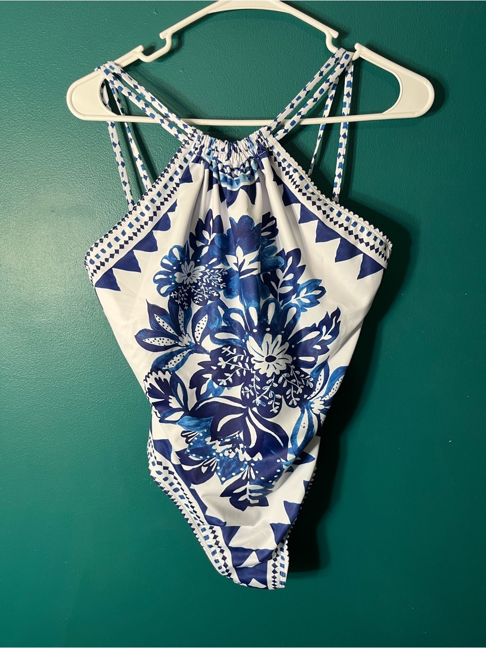 Womens Blue Floral Halter One-Piece Swimsuit